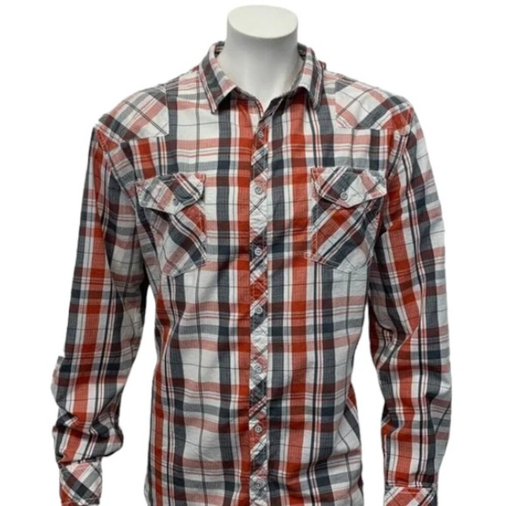 BKE Buckle Red White Gray Plaid Men’s Western Distressed Long Sleeve Shirt XXL